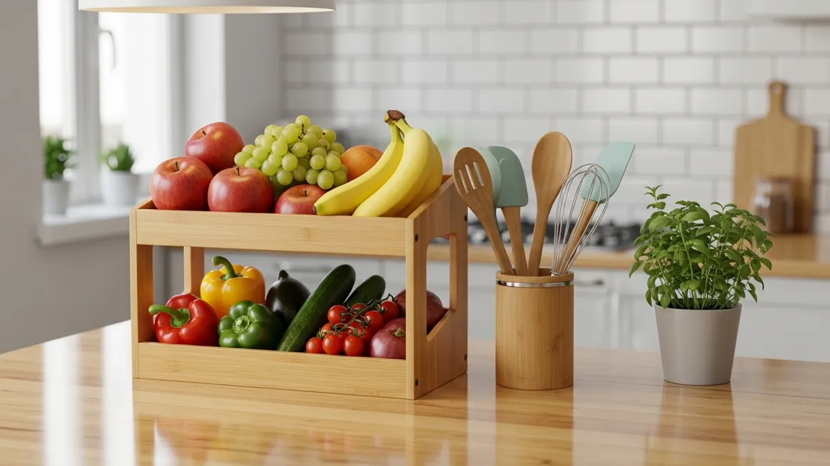 Tiered bamboo kitchen countertop organizers for fruits and utensils