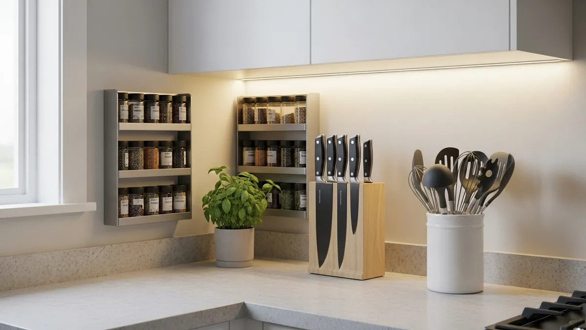 Vertical kitchen countertop organizer setup with spice racks and utensil storage