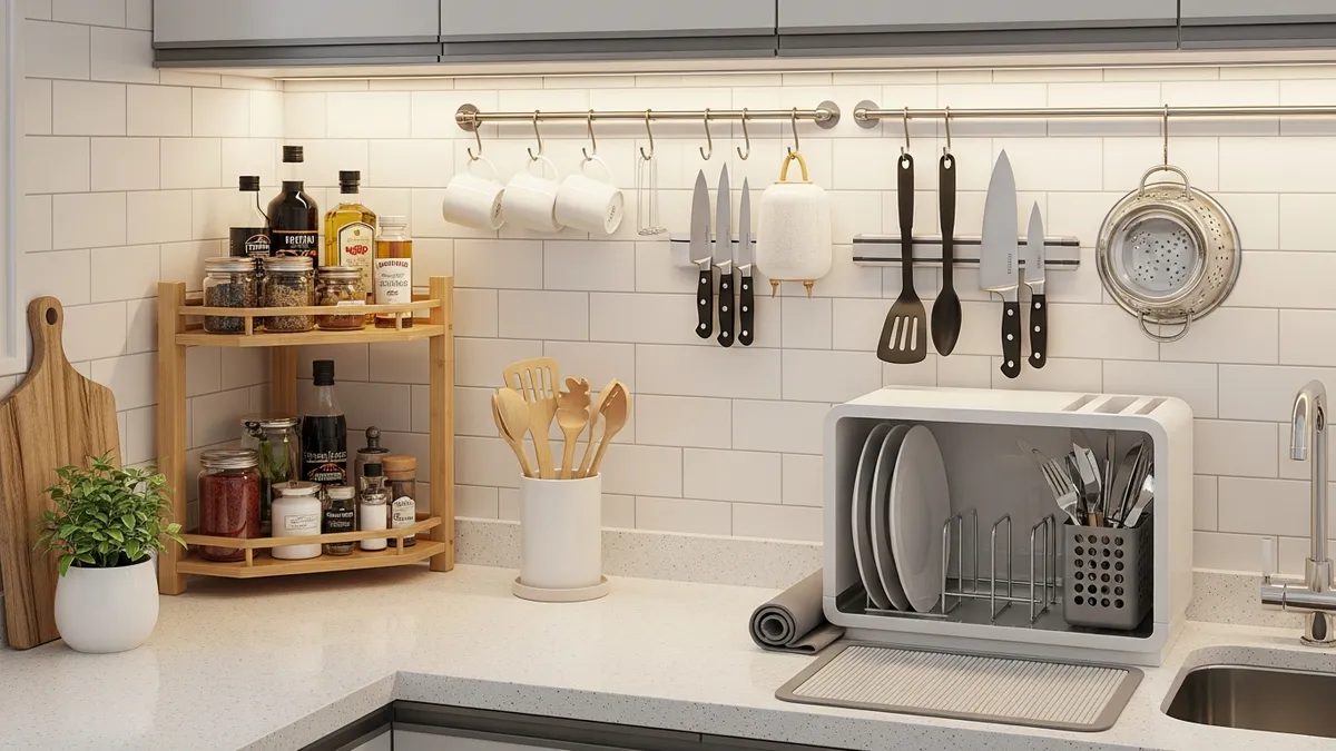 Space-saving kitchen countertop organizer ideas for small kitchens