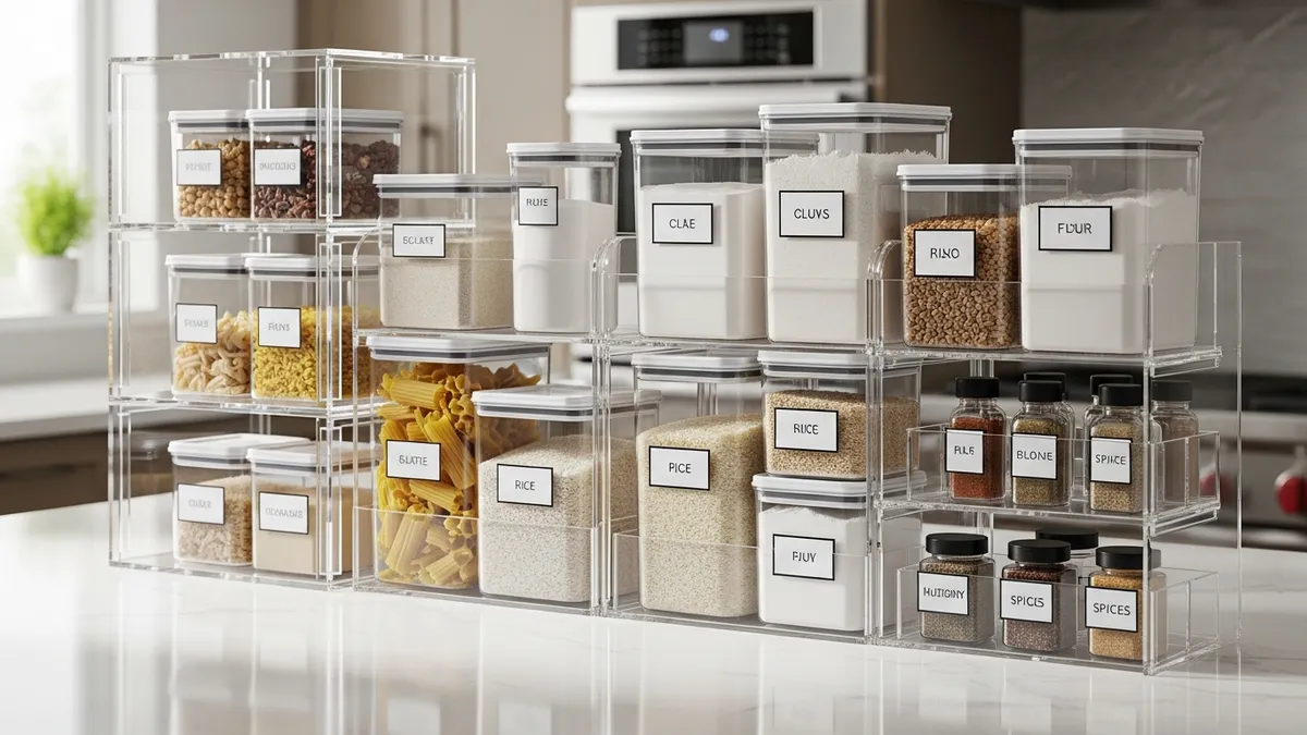 Clear acrylic kitchen countertop organizers with labeled storage containers