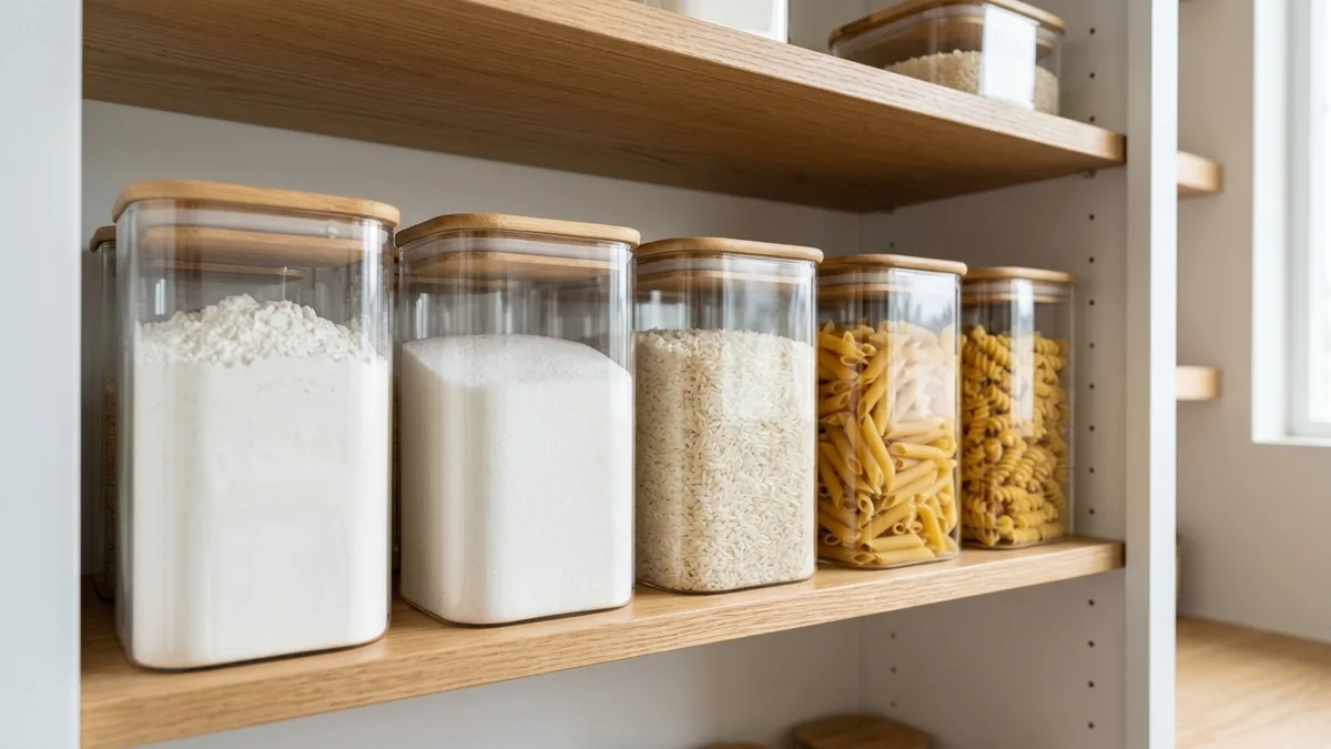 Kitchen pantry cupboard shelf lined with matching square airtight clear containers holding flour sugar rice and pasta