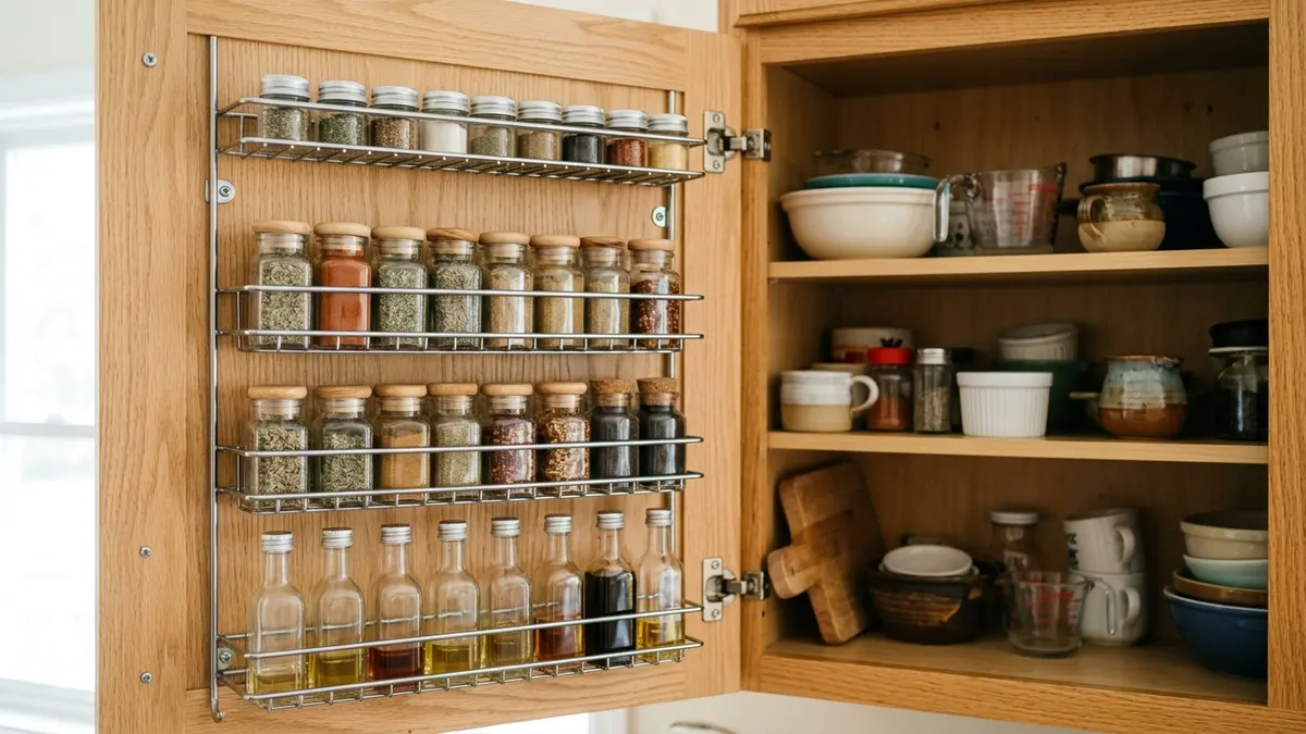 Kitchen cupboard door fitted with over door metal rack holding spice jars and small bottles