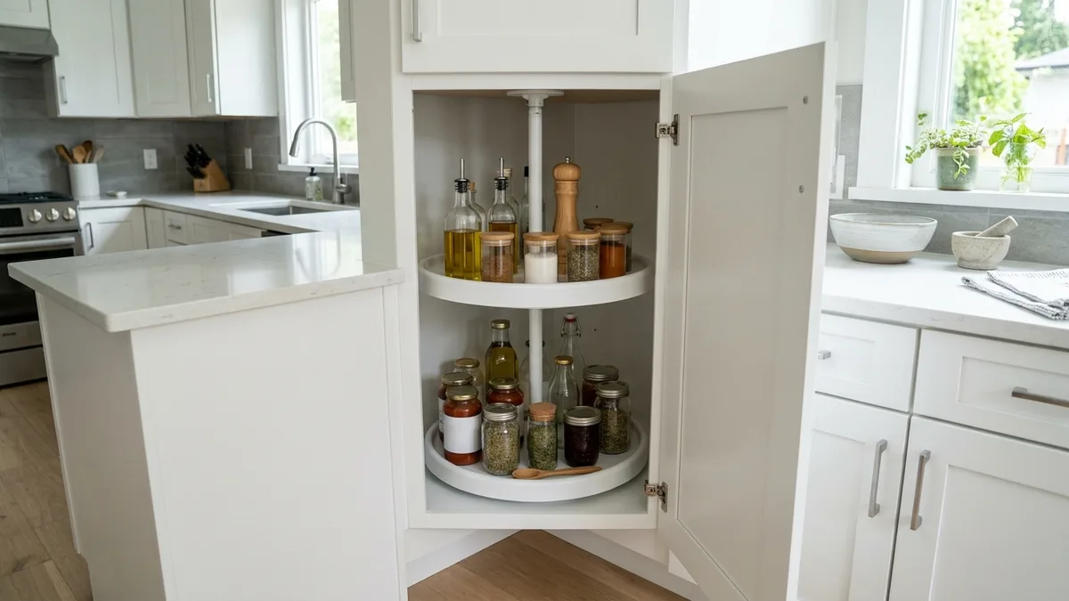 Corner kitchen cupboard with two tier white turntable holding condiments oils and small jars