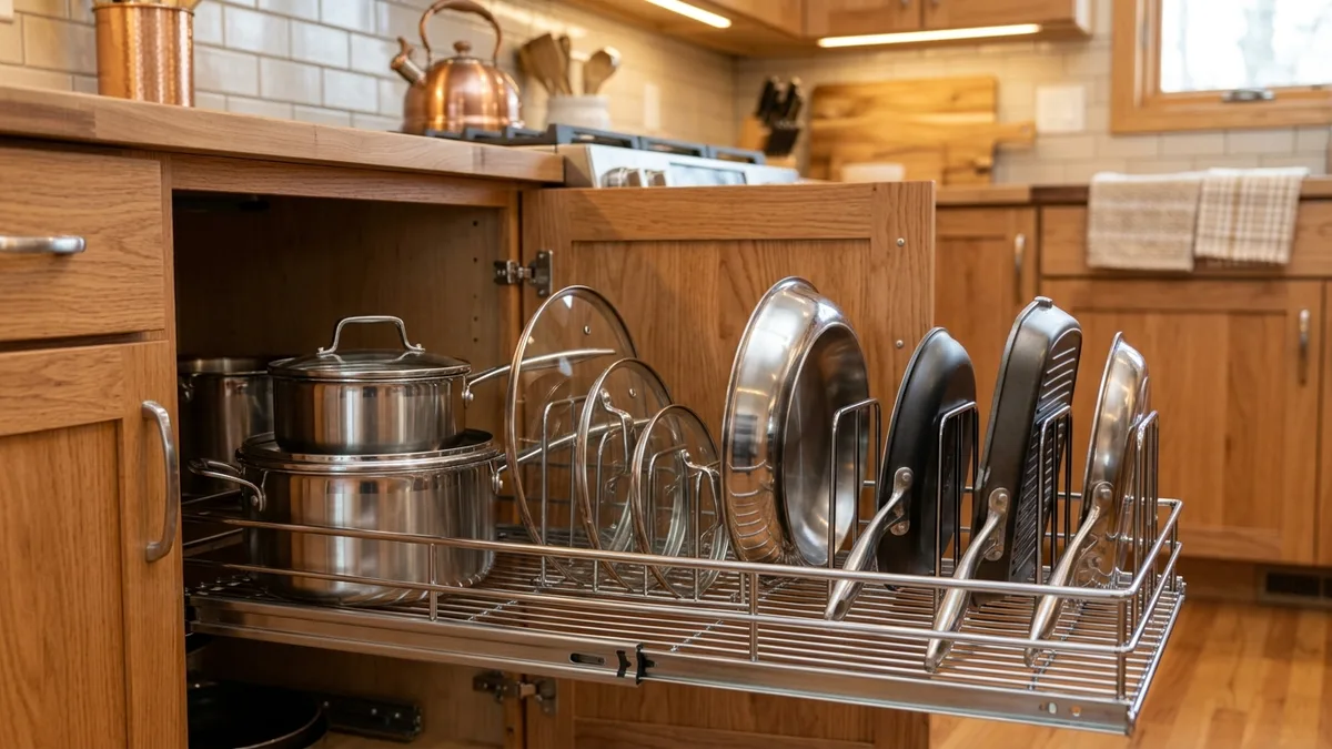 Lower kitchen cabinet with chrome pull-out drawer organizers holding pots pans and lids
