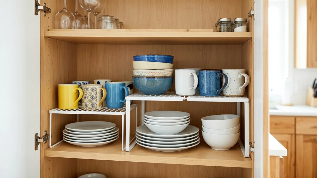 Inside kitchen cupboard with white adjustable shelf risers doubling storage space for plates bowls and mugs