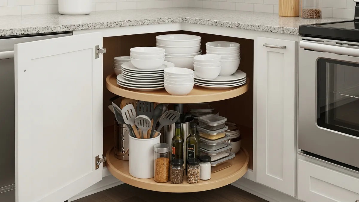 Corner kitchen cupboard with lazy susan organizer for maximum storage efficiency