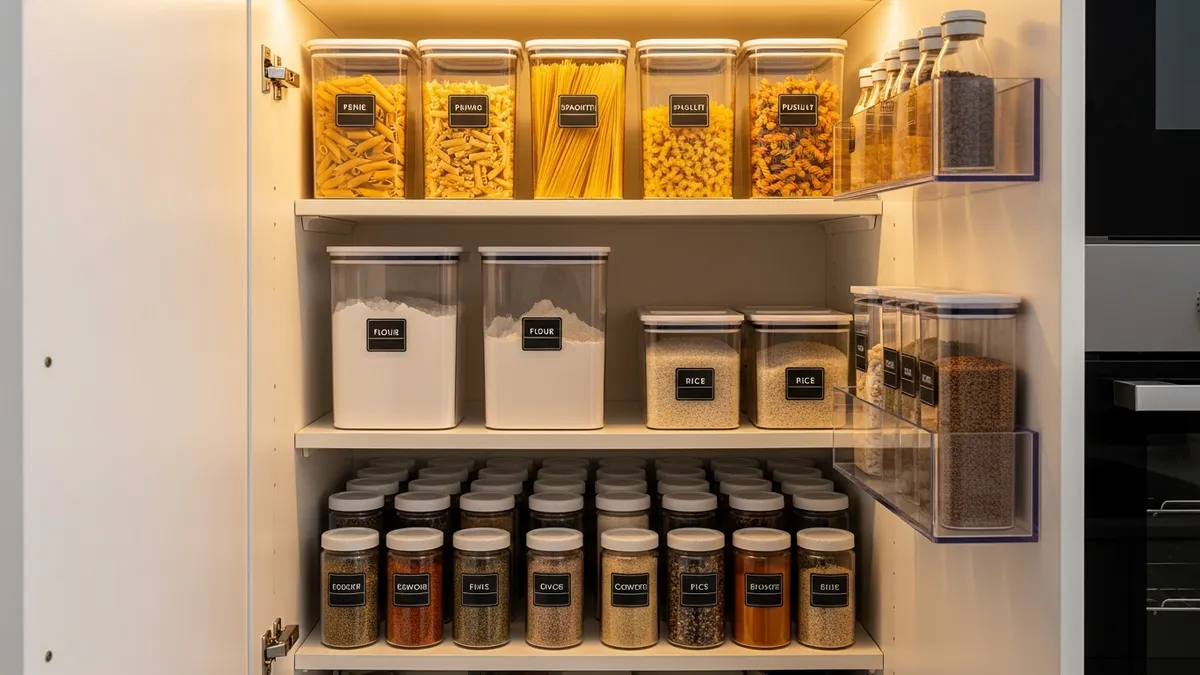 Pantry cupboard organization with clear storage containers and label system