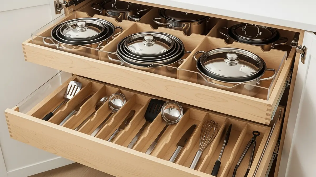 Pull-out drawer organizer system inside kitchen cupboard with cookware storage
