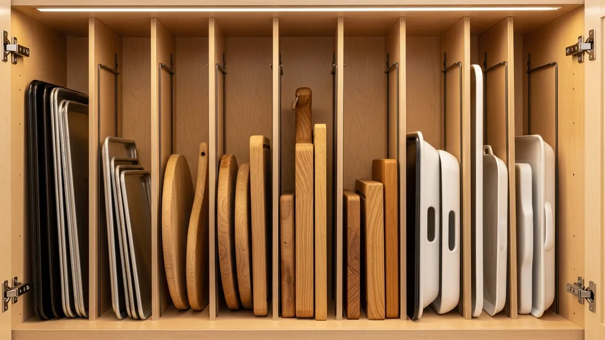 Vertical divider organizer system for kitchen cupboard storing flat cookware items