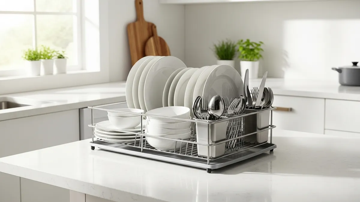 Modern kitchen dish rack with organized plates and utensils on clean countertop