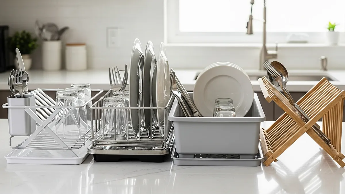 Different types of dish rack materials comparison on kitchen counter
