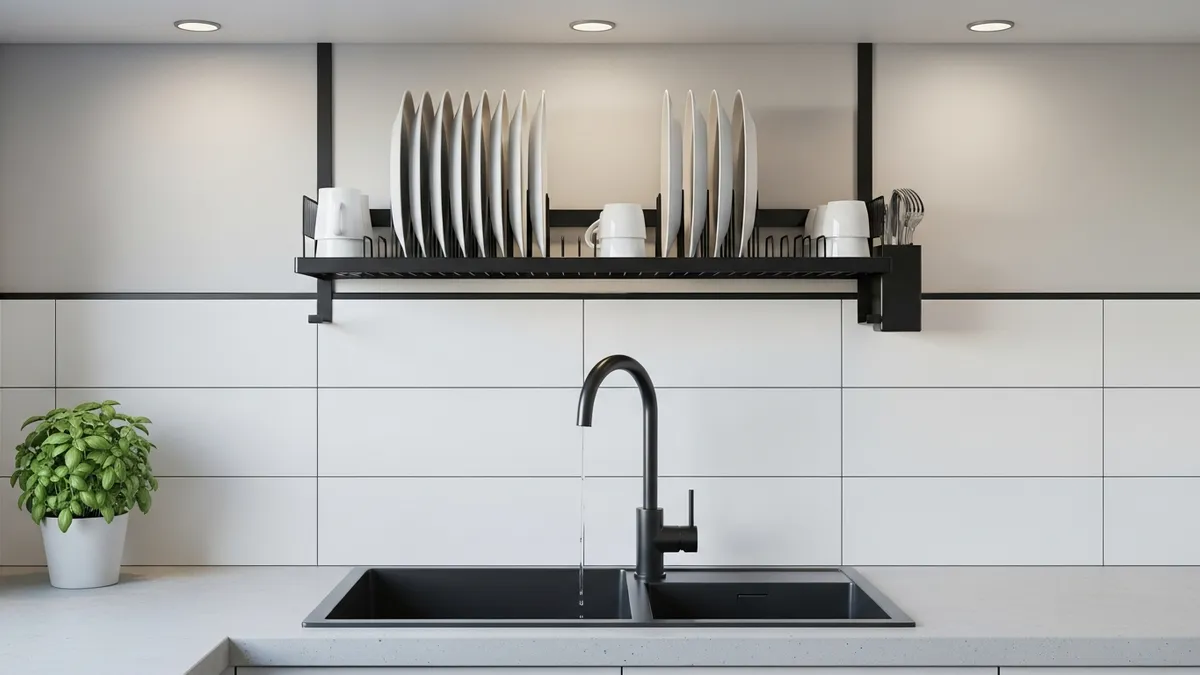 Space-saving wall-mounted dish rack in small kitchen above sink