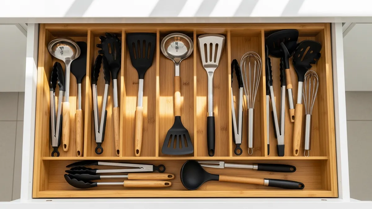 Kitchen drawer organizer for large utensils holding spatulas, ladles, tongs, and whisks in a modern white kitchen