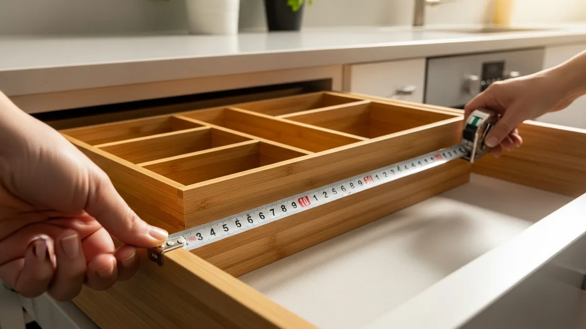 Person measuring kitchen drawer dimensions before installing a large utensil drawer organizer