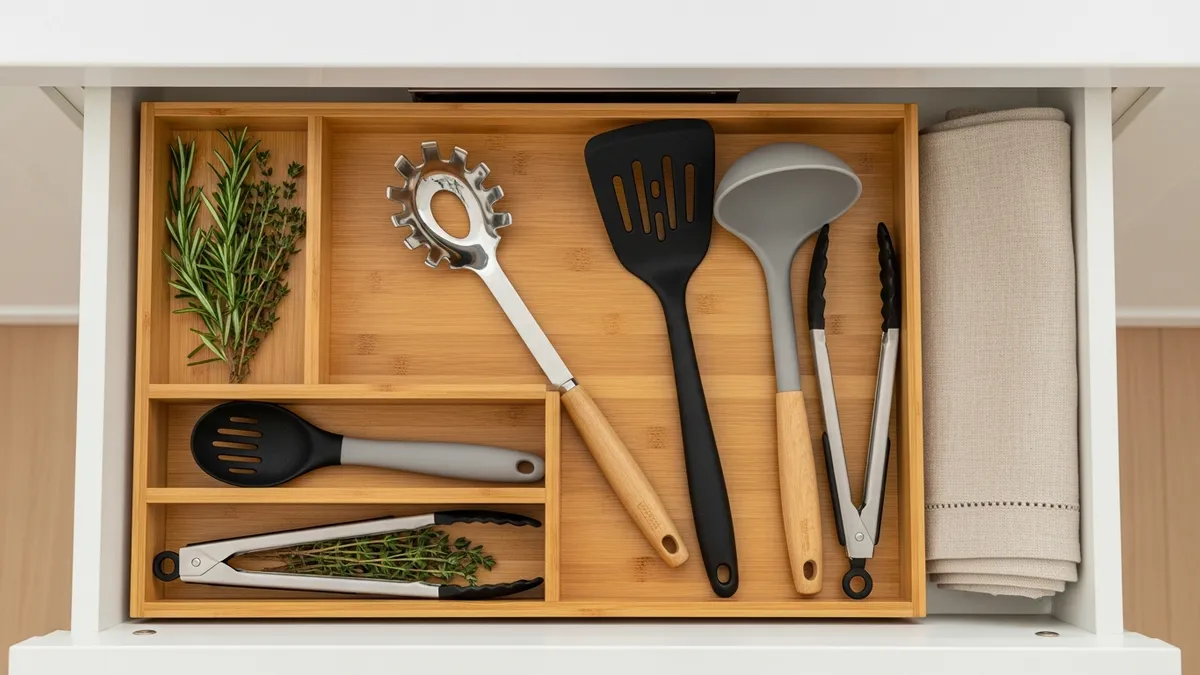 Styled kitchen drawer with bamboo expandable organizer holding large cooking utensils including ladle spatula and tongs