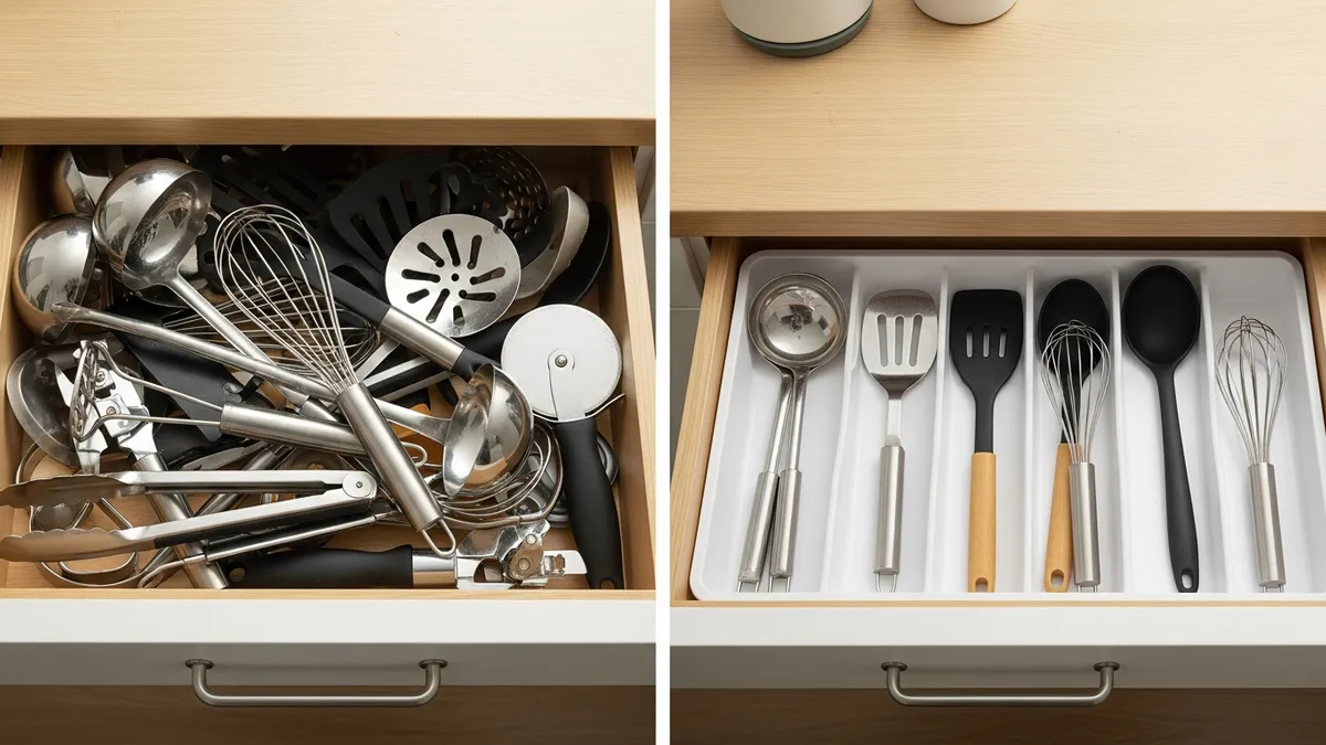 Before and after comparison of a messy kitchen drawer versus an organized drawer using a utensil drawer organizer for large tools