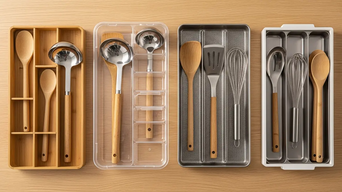 Four types of kitchen drawer organizers for large utensils shown side by side including bamboo plastic stainless steel and expandable styles