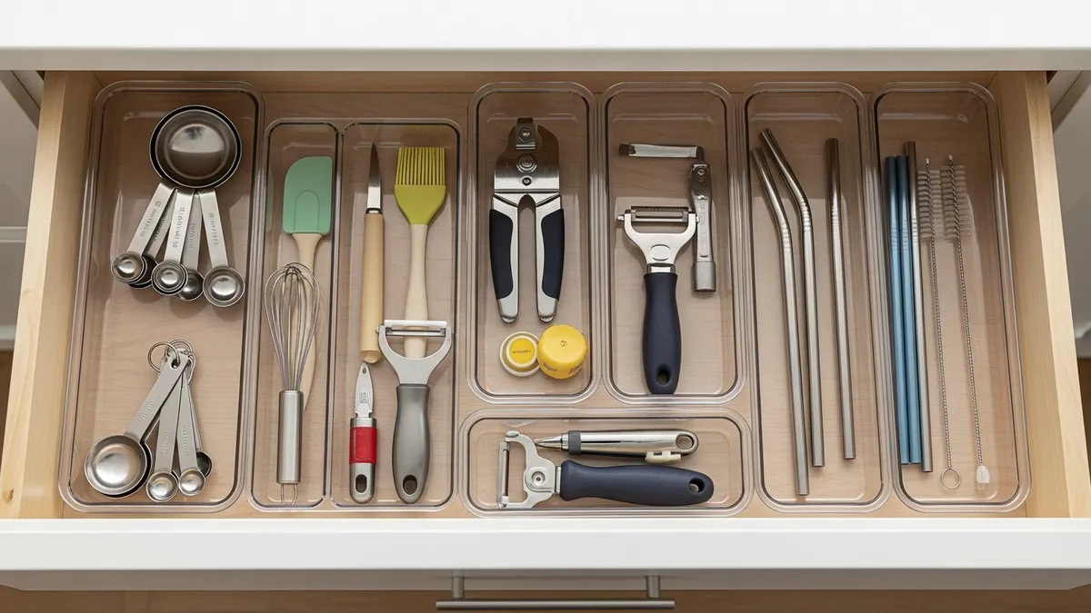 Adjustable kitchen drawer organizers with measuring tools and small gadgets