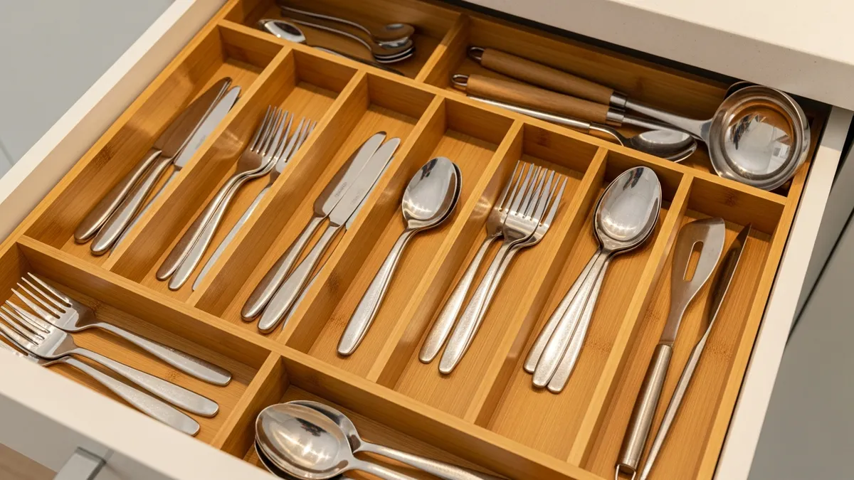 Bamboo cutlery dividers organizing kitchen utensils in drawer compartments