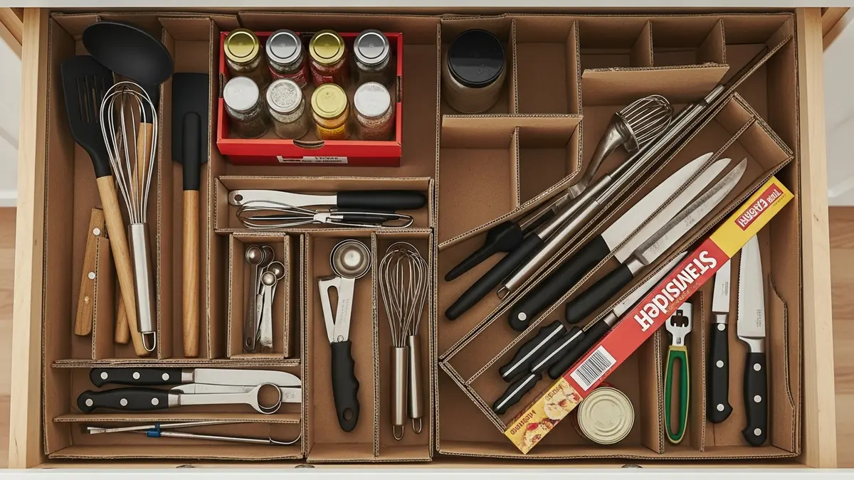 DIY kitchen drawer organizer ideas using cardboard and repurposed containers