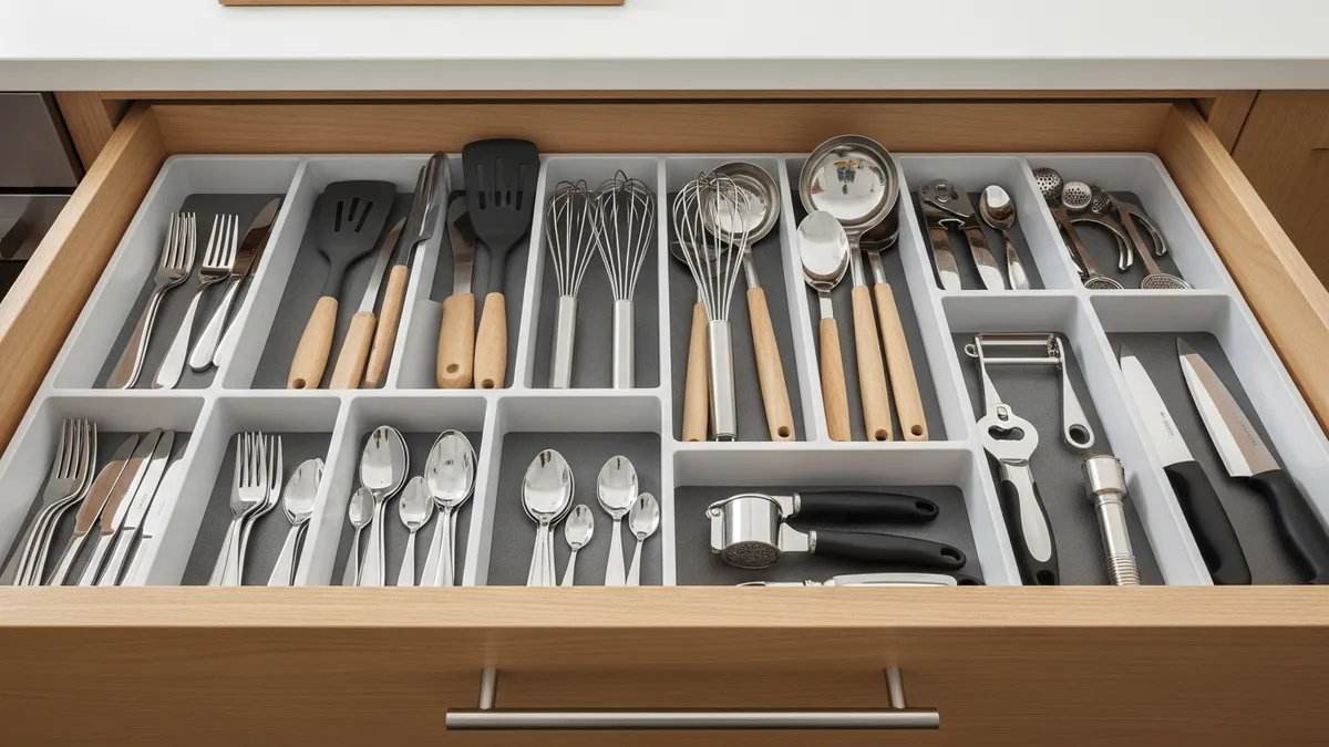 Kitchen drawer organizer ideas showing organized utensils and cutlery in custom compartments