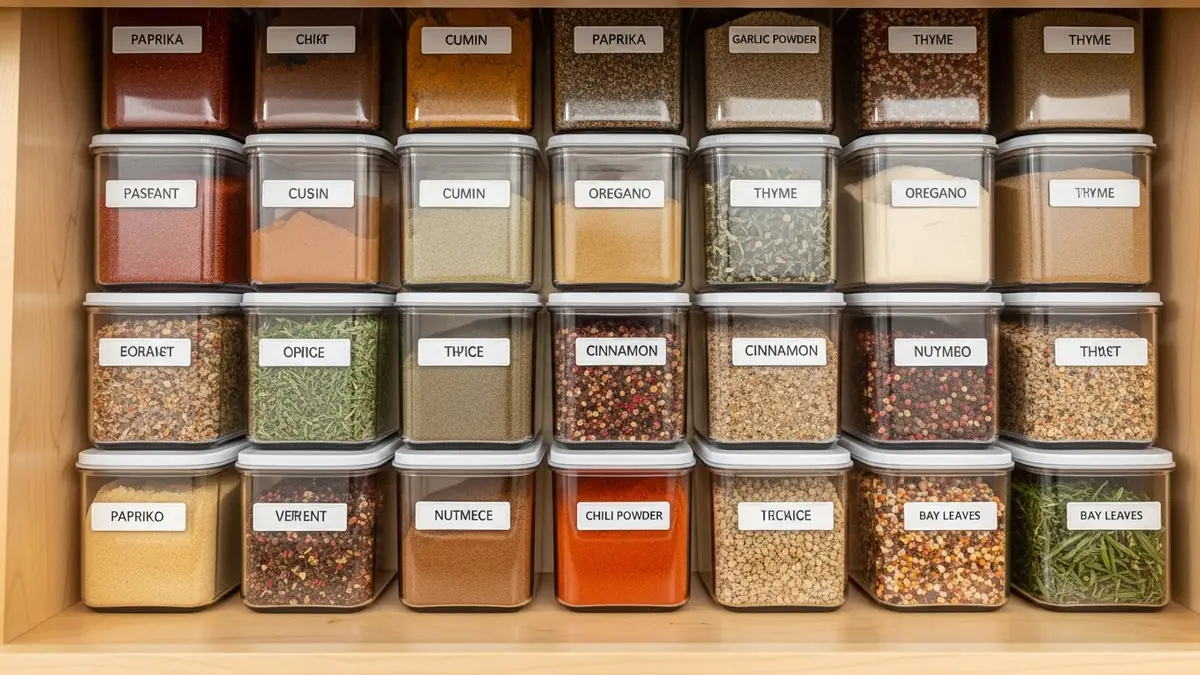 Spice drawer organization with clear containers and labels for kitchen storage