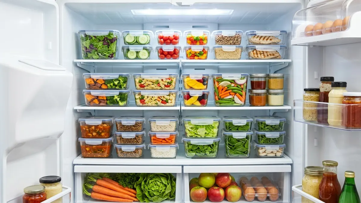 Open refrigerator with stacked clear rectangular food storage containers holding meal prep vegetables and leftovers
