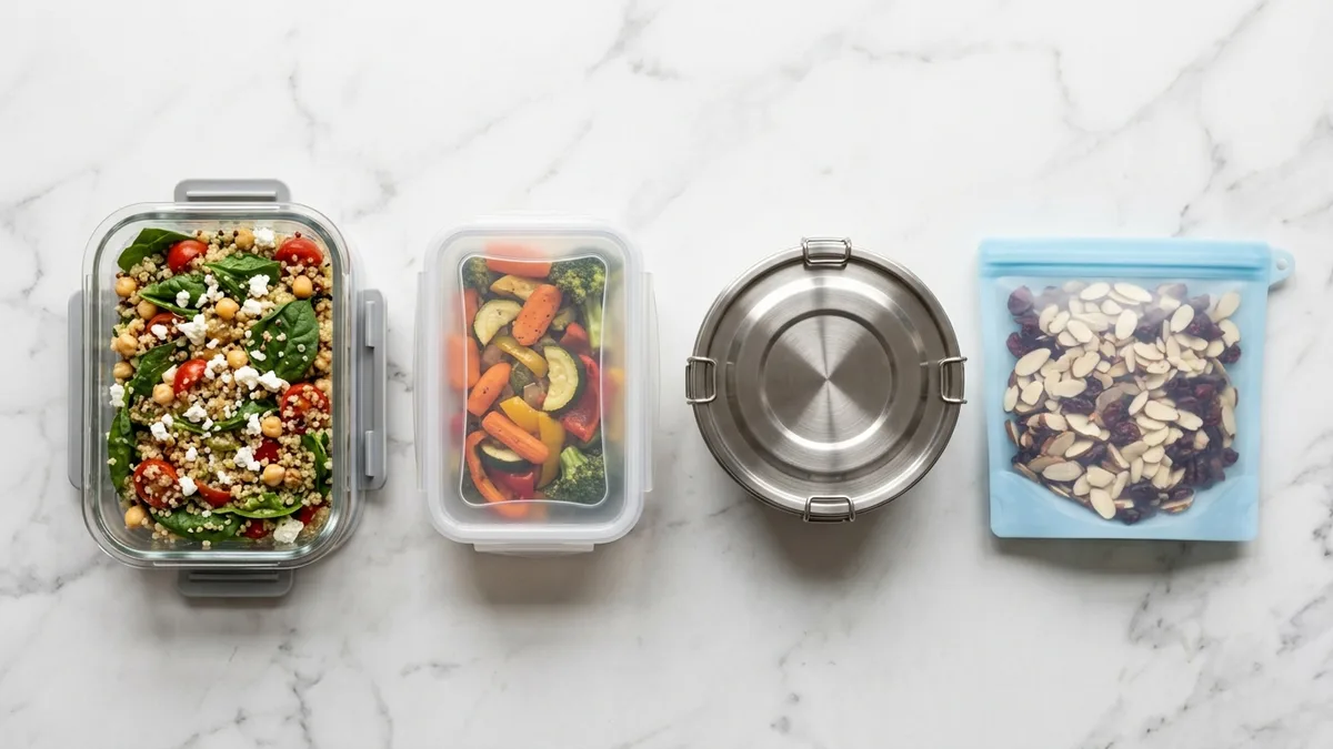 Four types of food storage container materials laid flat on white marble: glass with locking lids, clear BPA-free plastic, stainless steel, and silicone