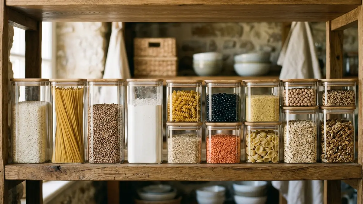 Organized pantry shelves lined with uniform square food storage containers filled with dry goods and labeled clearly