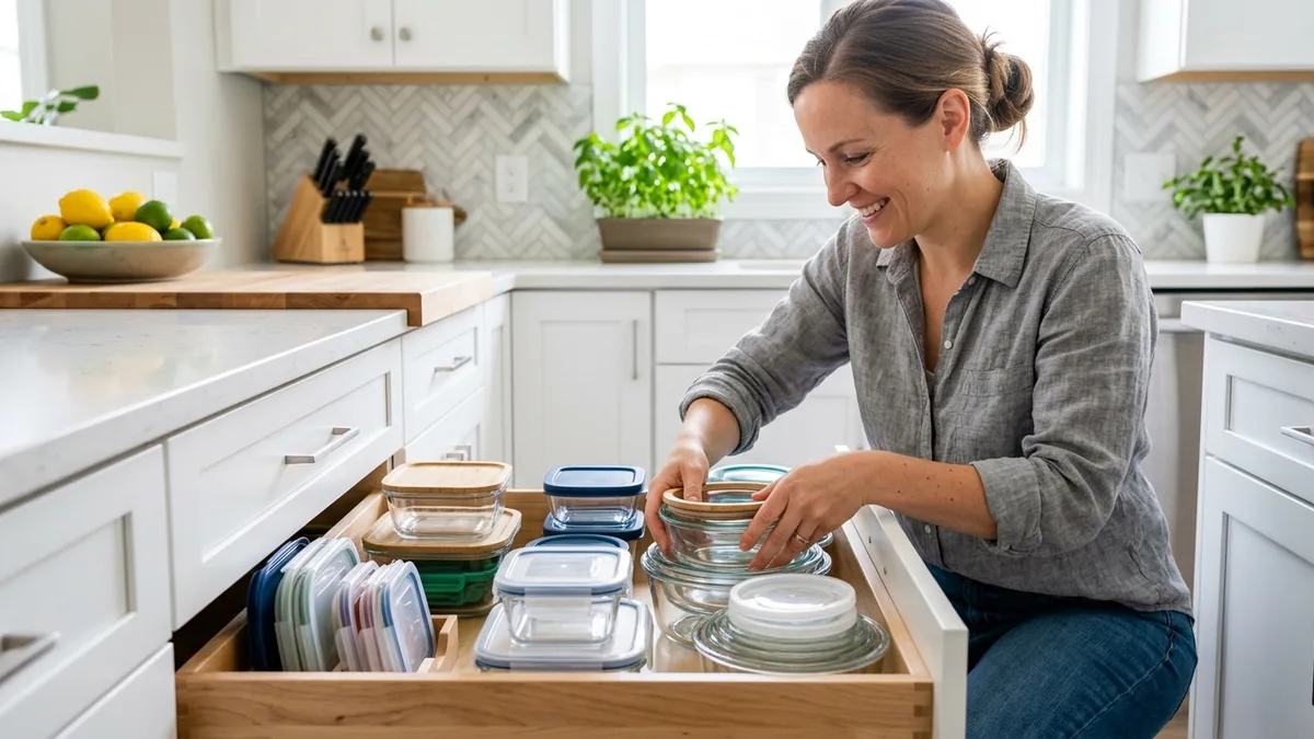 Person nesting and organizing various sizes of food storage containers inside a modern kitchen cabinet