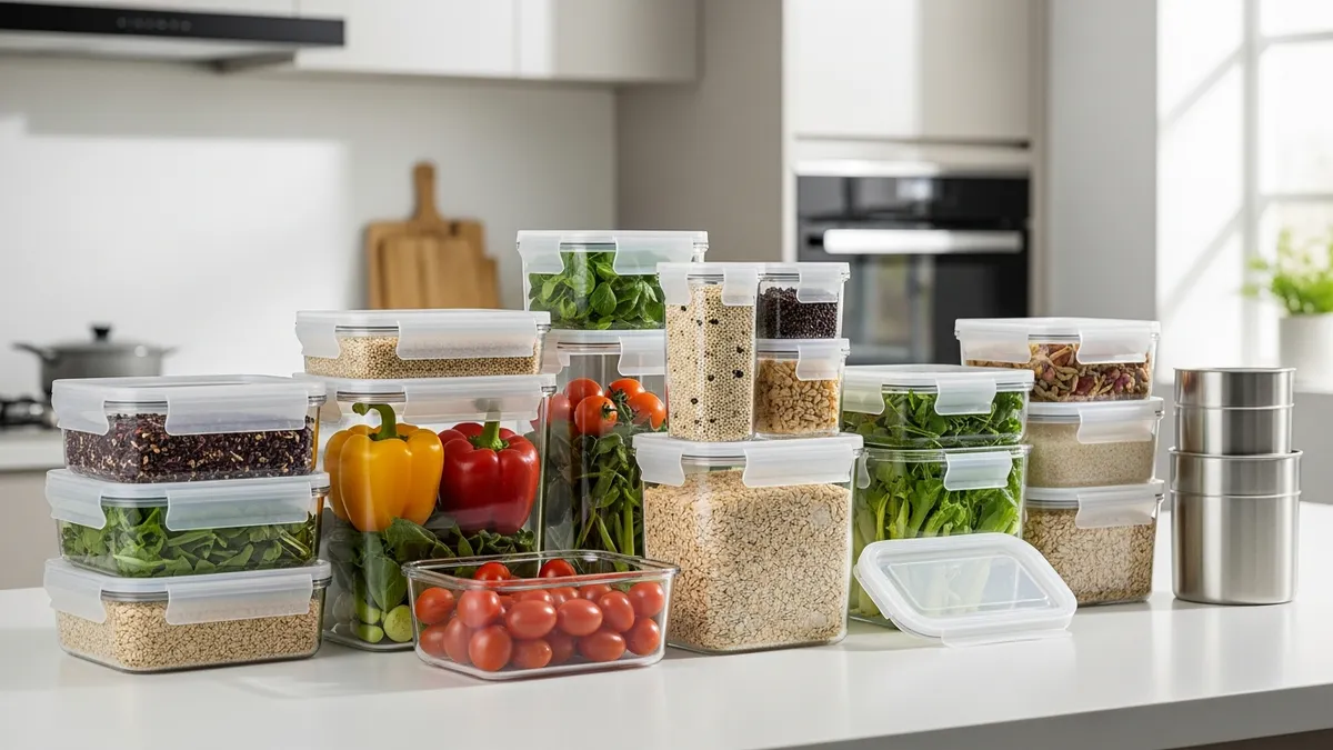 Kitchen food storage containers organized on modern kitchen countertop with fresh food