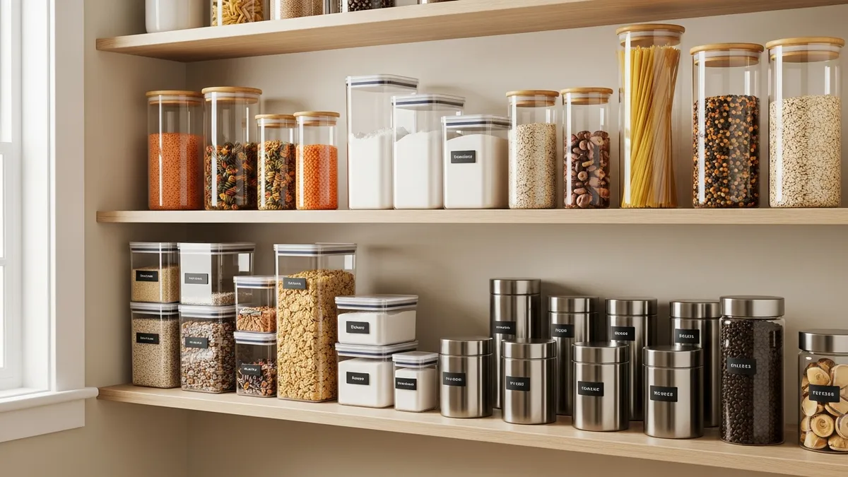 Various types of kitchen food storage containers in organized pantry shelves