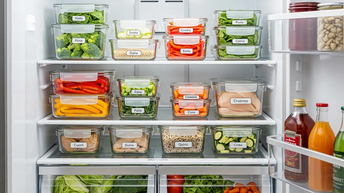 Organized refrigerator with kitchen food storage containers for meal prep