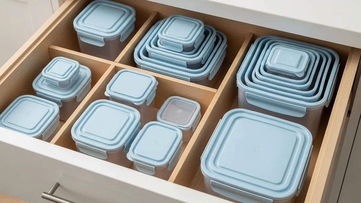 Kitchen drawer showing nested food storage containers for space-saving organization