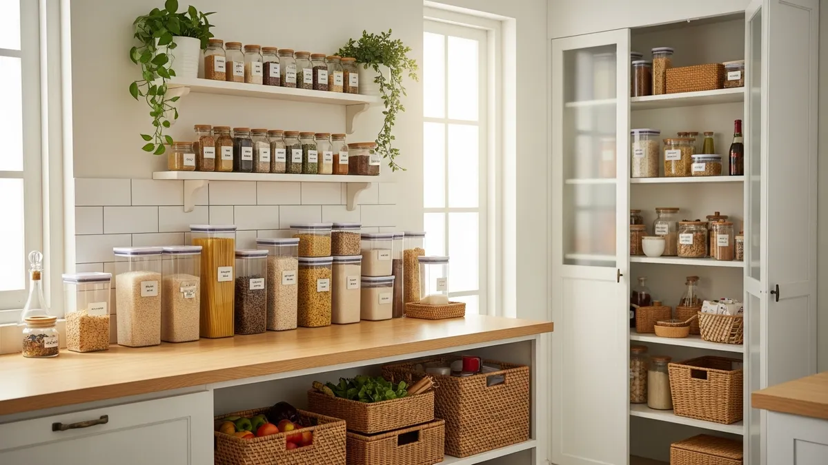 Kitchen food storage ideas with clear containers and organized shelves in a modern Indonesian kitchen