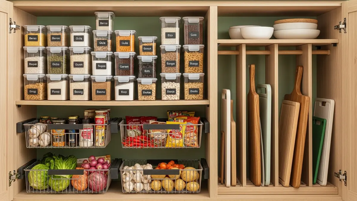 Inside kitchen cabinet with stackable food storage containers and pull-out baskets