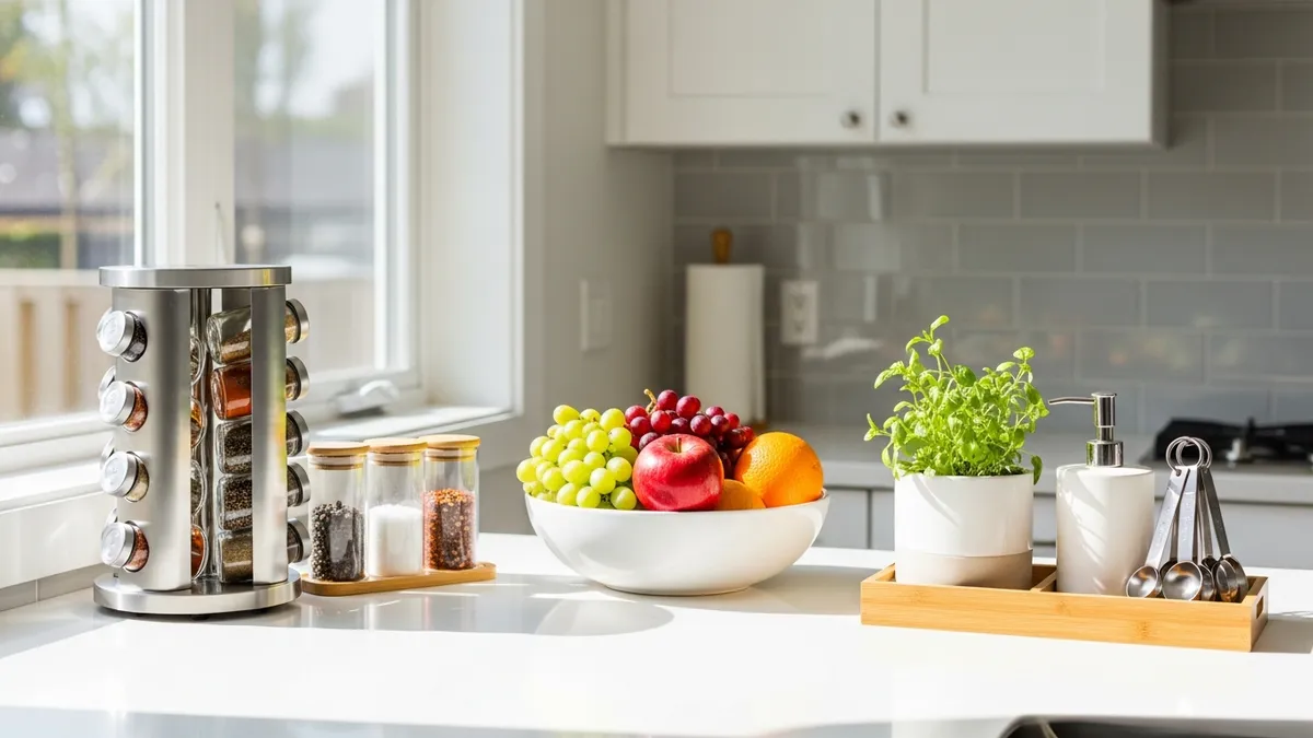 Kitchen countertop organization with spice rack and food storage jars for easy access