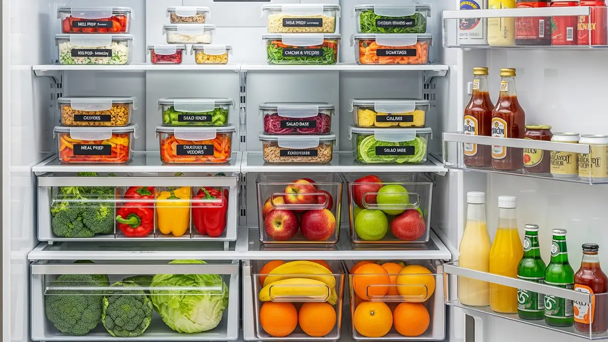 Organized refrigerator with stackable food storage containers and labeled meal prep boxes
