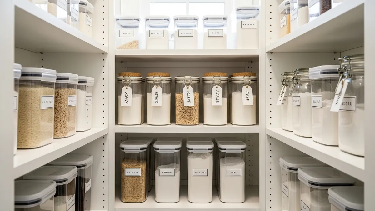 Organized pantry with labeled food storage containers for dry goods in Indonesian kitchen