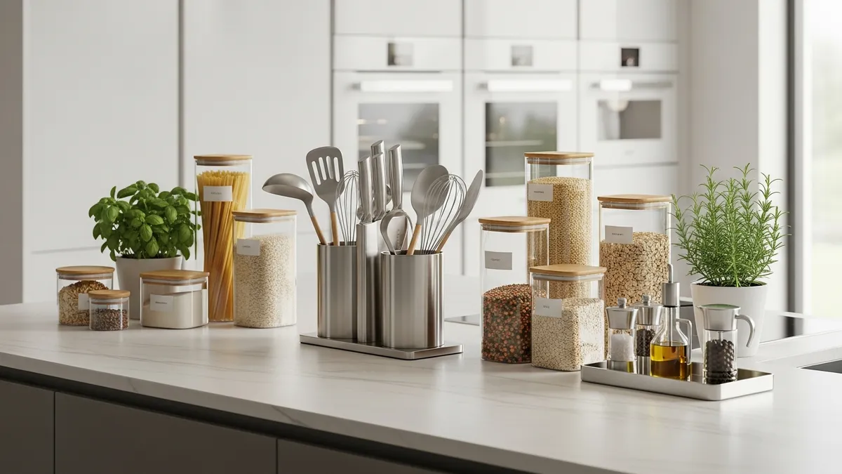 Recommended kitchen organization products and storage containers for minimalist island setup