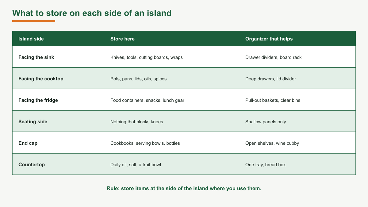 Table diagram listing what to store on each side of a kitchen island: knives and tools facing the sink, pots and pans facing the cooktop, food containers facing the fridge, nothing that blocks knees on the seating side, cookbooks and bowls on the end cap, and daily oil and salt on the countertop