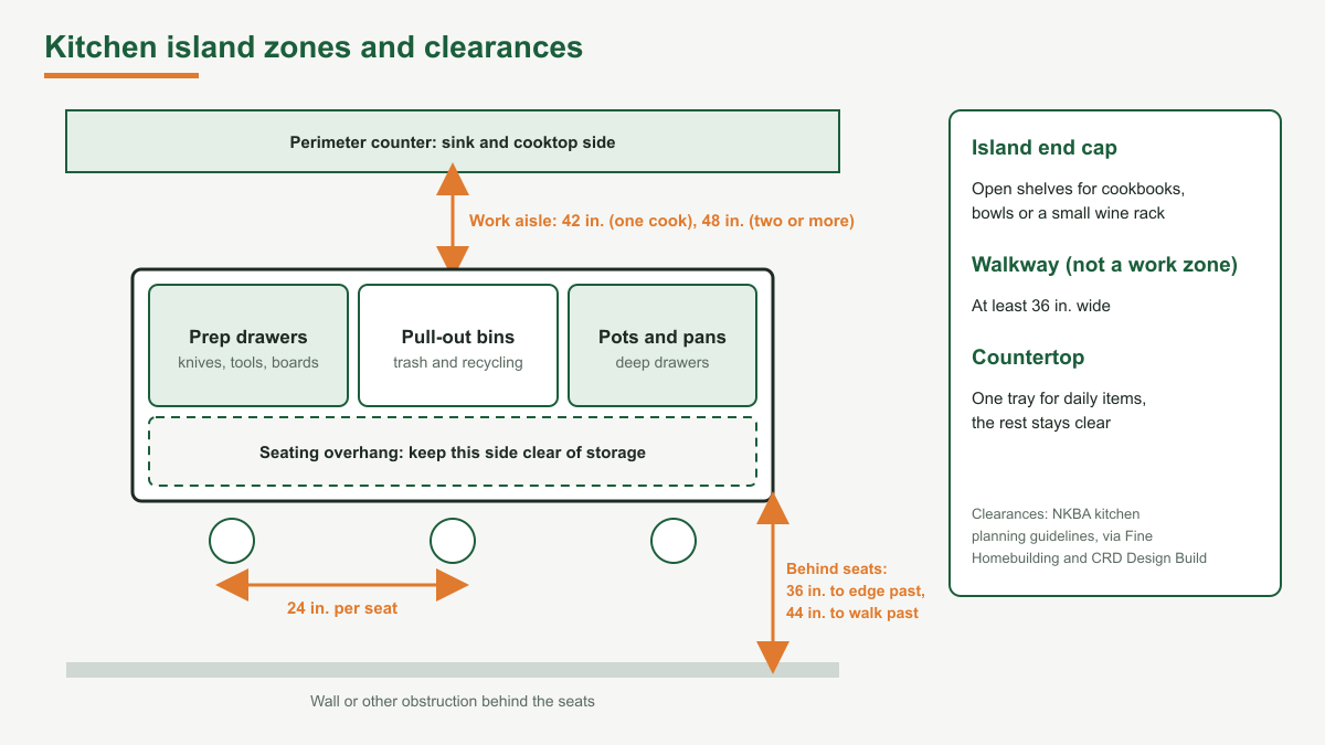 Diagram of a kitchen island seen from above, with prep drawers, pull-out trash bins and deep pot drawers on the work side facing the perimeter counter, a seating overhang kept clear of storage, a 42 to 48 inch work aisle, 24 inches per seat and 36 to 44 inches behind the seats