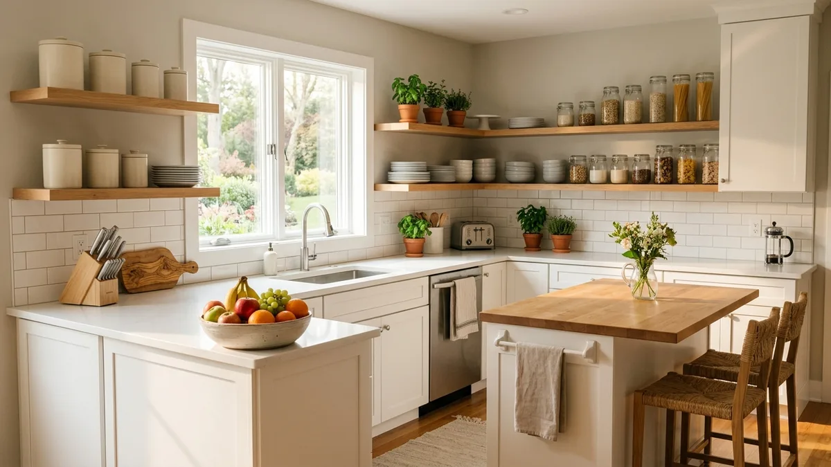 Clean organized modern kitchen with matching canisters on open shelves and fresh fruit on the counter