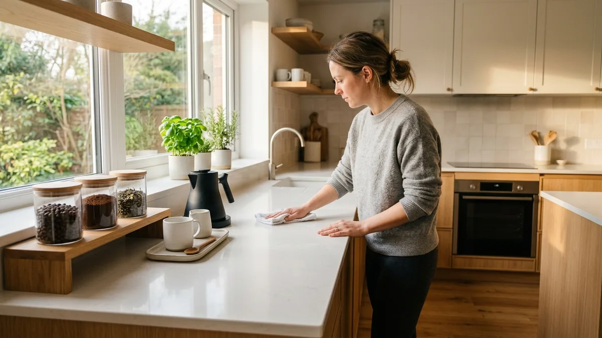 Person wiping kitchen counter beside a tidy coffee station with labeled glass jars on a wooden tray
