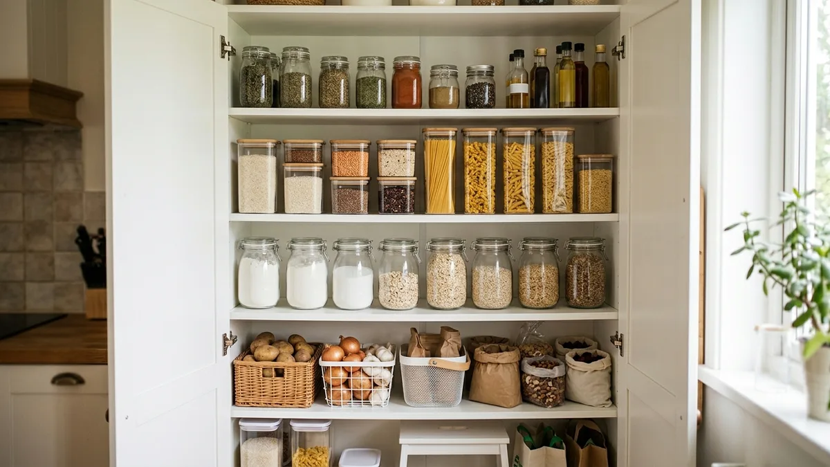 Open kitchen pantry with clear airtight containers and labeled shelves storing grains pasta and spices