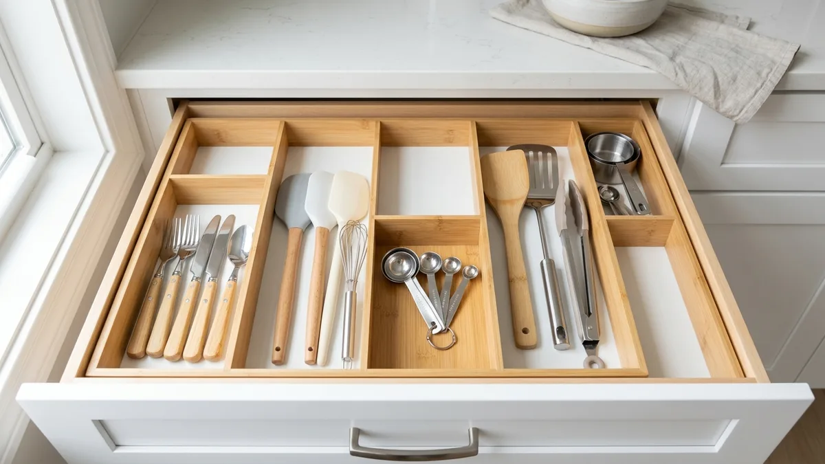 Kitchen drawer with a bamboo divider tray neatly separating spatulas measuring spoons and utensils