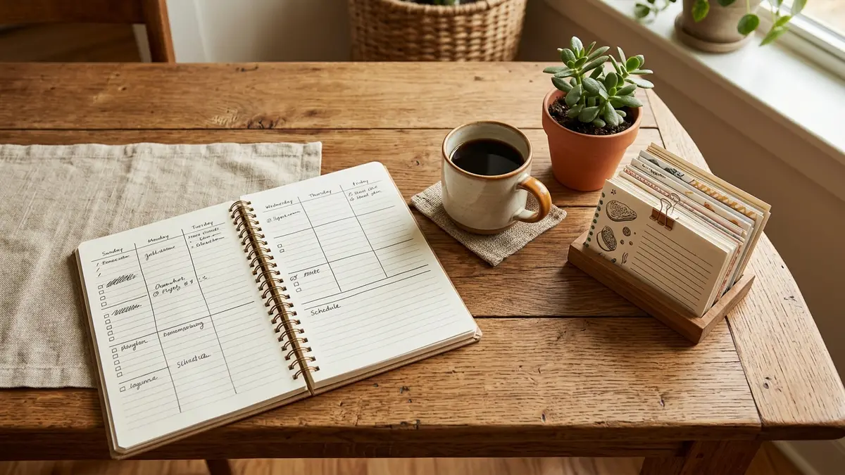 Top-down view of a weekly meal plan notebook with a cup of coffee and organized recipe cards on a kitchen table