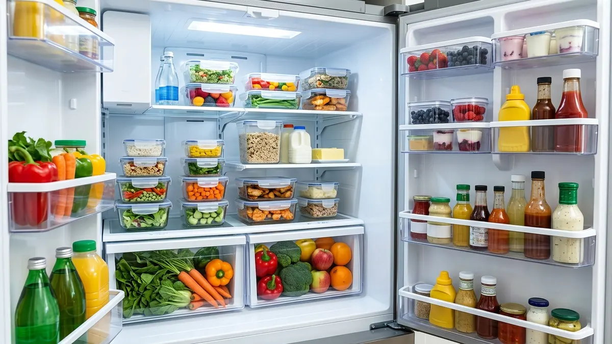 Inside a well-organized refrigerator with clear lidded food containers stacked by category and labeled produce bins