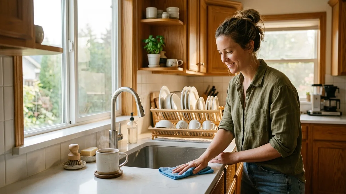 Person doing a morning kitchen reset by wiping counters with clean dishes air-drying in a rack beside the sink
