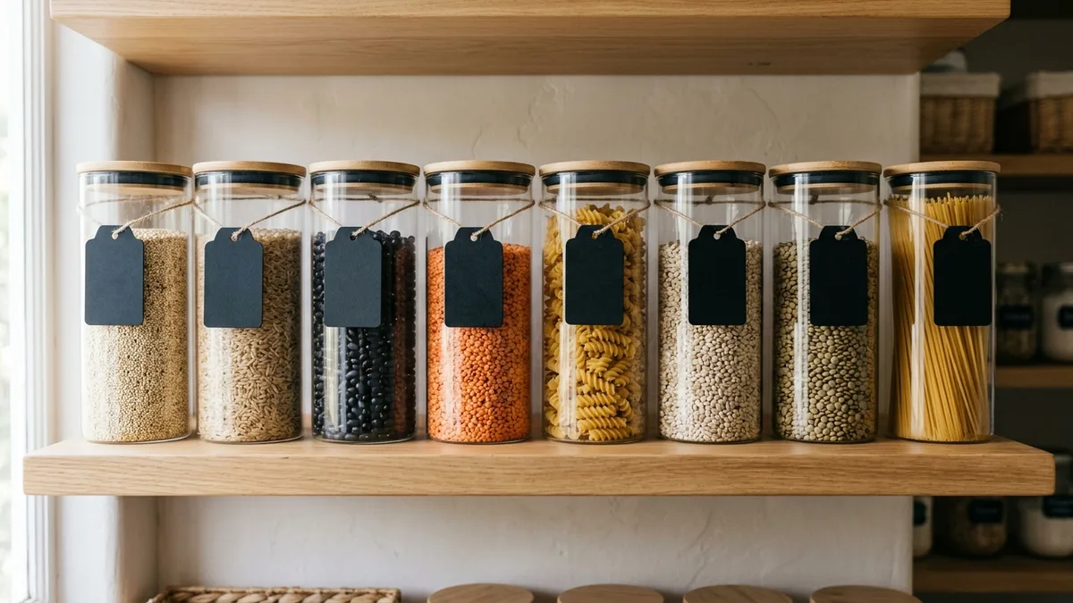Organized pantry shelf with uniform clear airtight containers filled with dry goods and labeled with chalkboard tags